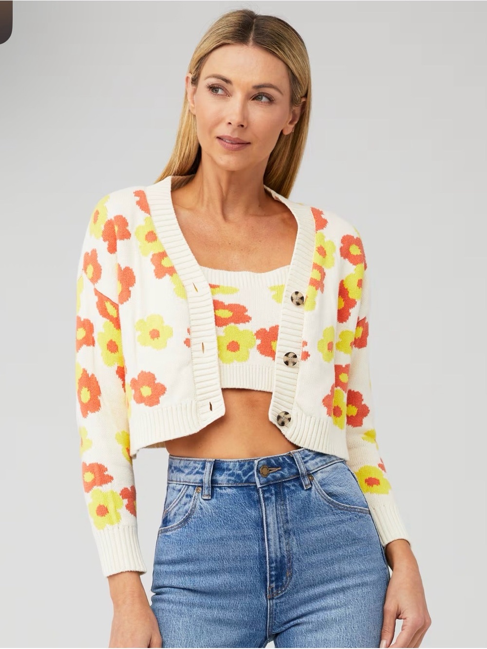 Callahan Cream Cropped Floral Cardigan with Orange and Yellow Flowers